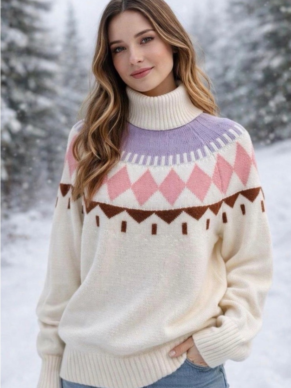 Free Assembly Women's Geometric Crewneck Sweater in White & Pink